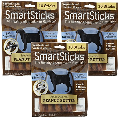 (3 Pack) SmartBones SmartSticks Peanut Butter Dog Chew Stick (10 Chews Per Pack / 30 Total)