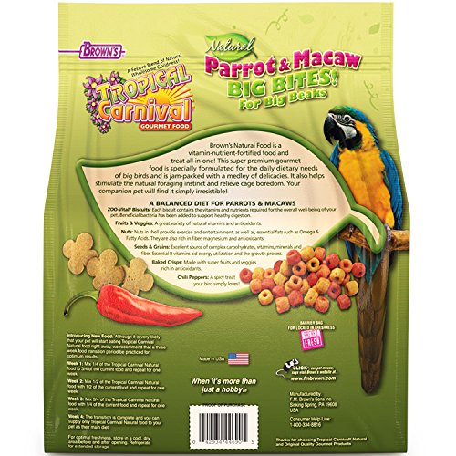 F.M. Brown's Tropical Carnival Natural Parrot, Cockatoo, and Macaw Food for Big Beaks with Fruits, Veggies, Nuts, and Grains, 4-lb Bag - Vitamin-Nutrient Fortified Daily Diet
