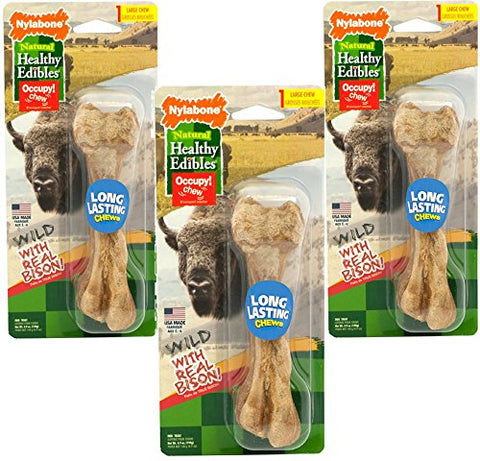 (3 Pack) Nylabone Healthy Edibles Wild Bison Dog Treat Bones - Size Large, 4.9 Oz Each