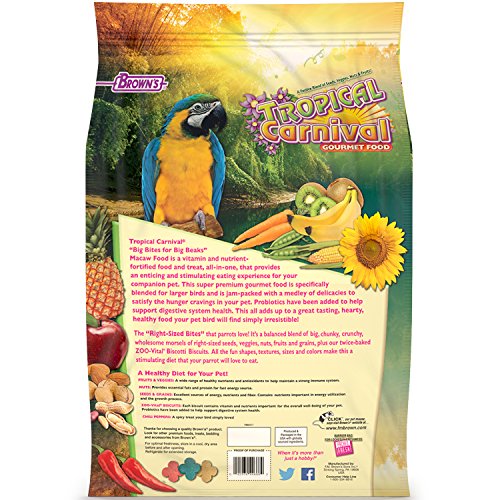 F.M. Brown's Tropical Carnival Gourmet Macaw Food Big Bites for Big Beaks, 14-lb Bag - Vitamin-Nutrient Fortified Daily Diet with Probiotics for Digestive Health