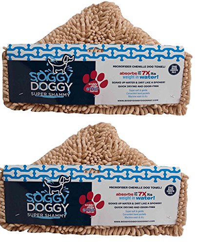 Soggy Doggy Super Shammy Beige One Size 31-inch x 14-inch Microfiber Chenille Dog Towel with Hand Pockets (2 Pack)