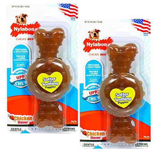 Nylabone just for puppies Chicken Flavored puppy dog ring bone teething chew toy, Wolf-2 Pack